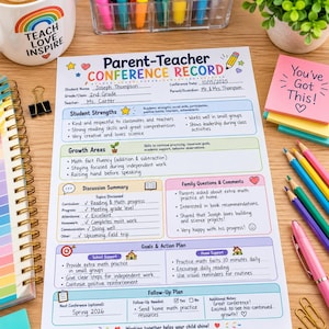 May include: A printed Parent-Teacher Conference Record form with sections for student strengths, growth areas, discussion summary, family comments, goals, and follow-up plans. The document includes handwritten text and colorful icons on white paper.