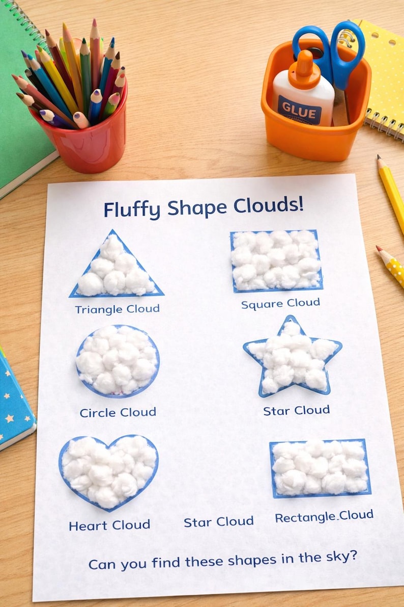 May include: A worksheet titled "Fluffy Shape Clouds!" features shapes filled with cotton balls: triangle, square, circle, star, heart, and rectangle. A red cup of colored pencils, glue, scissors, and a notepad are also visible.