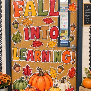 May include: A wooden door decorated with fall-themed cutouts including colorful maple leaves, acorns, and pumpkins. The text reads FALL INTO LEARNING! in large, multi-colored letters. A burlap bow sits at the top, and a small sign reads A brighter tomorrow begins here.