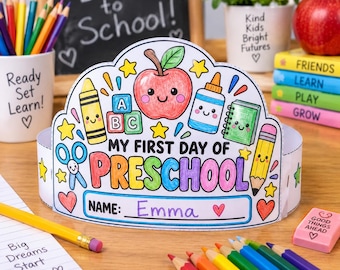 Kroonknutselwerkje voor de eerste schooldag, printbare hoed voor kleuters (digitale download)