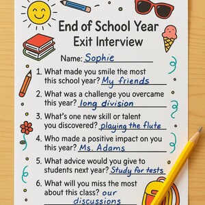 May include: A colourful end-of-school-year exit interview worksheet with illustrations of a sun, sunglasses, and ice cream. The worksheet includes questions and answers about the school year, with a pencil and paperclip.