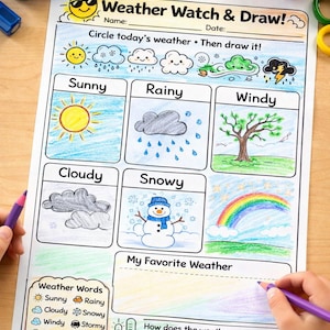 May include: A colorful weather chart titled "Weather Watch & Draw!" features drawings of sunny, rainy, windy, cloudy, and snowy weather conditions. The chart includes a space to draw favorite weather and a thermometer graphic.
