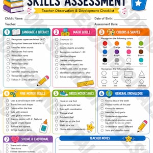 May include: A preschool skills assessment checklist featuring seven numbered sections covering language, math, colors, shapes, motor skills, general knowledge, and social emotional development, with blank lines for child, teacher, and date information.