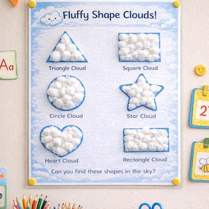 May include: Educational poster titled "Fluffy Shape Clouds!" showing a triangle, square, circle, star, heart, and rectangle, each filled with cotton. The poster is displayed with colourful pencils, scissors, and glue.
