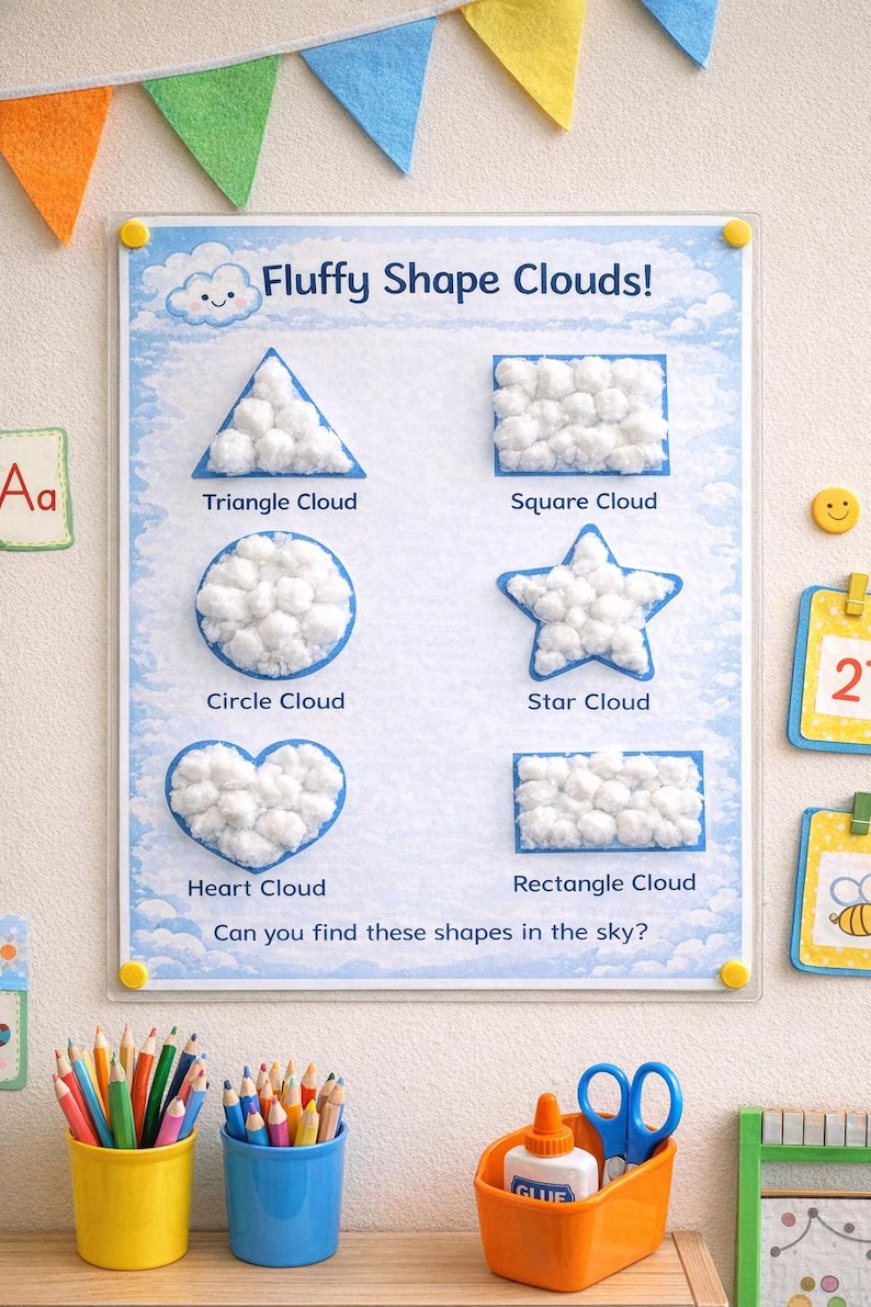 May include: Educational poster titled "Fluffy Shape Clouds!" featuring a triangle, square, circle, star, heart, and rectangle, each filled with cotton. The poster is displayed with colorful pencils, scissors, and glue.