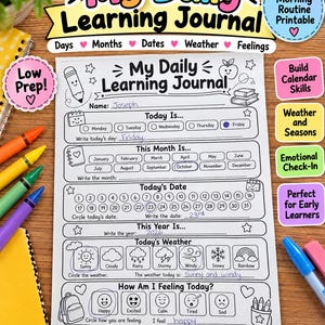 May include: A white paper My Daily Learning Journal worksheet with black text and line art graphics. The form includes sections for name, day, month, date, year, weather, and feelings, with handwritten entries for Joseph, Friday, October, 23rd, 2026, sunny and windy, and happy.