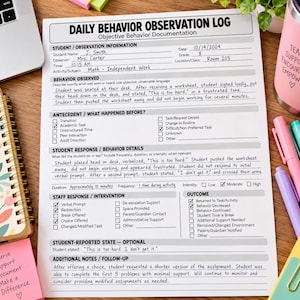 May include: A white Daily Behaviour Observation Log document with black text and checkboxes. The form includes sections for student information, behaviour observed, antecedents, student response, staff intervention, and outcomes, with handwritten entries.