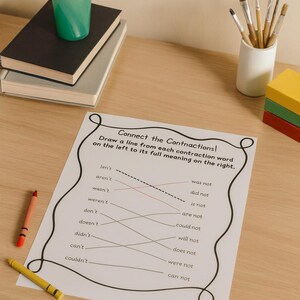 May include: A worksheet labelled "Connect the Contractions!" with contraction matching exercises. A green cup with pencils, pens, and paintbrushes are on a wooden desk, along with a stack of books and colored pencils.