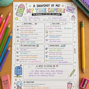 May include: A printed activity sheet titled A Snapshot of Me! My Time Capsule with sections for personal details, interests, and goals. The page features colorful illustrations of a mailbox, crystal ball, and clock, with handwritten text in blue and purple ink.