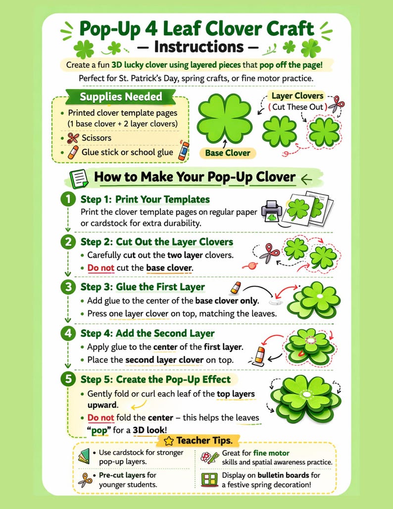 3D Four Leaf Clover Craft Printable | St. Patrick's Day Pop up Activity ...