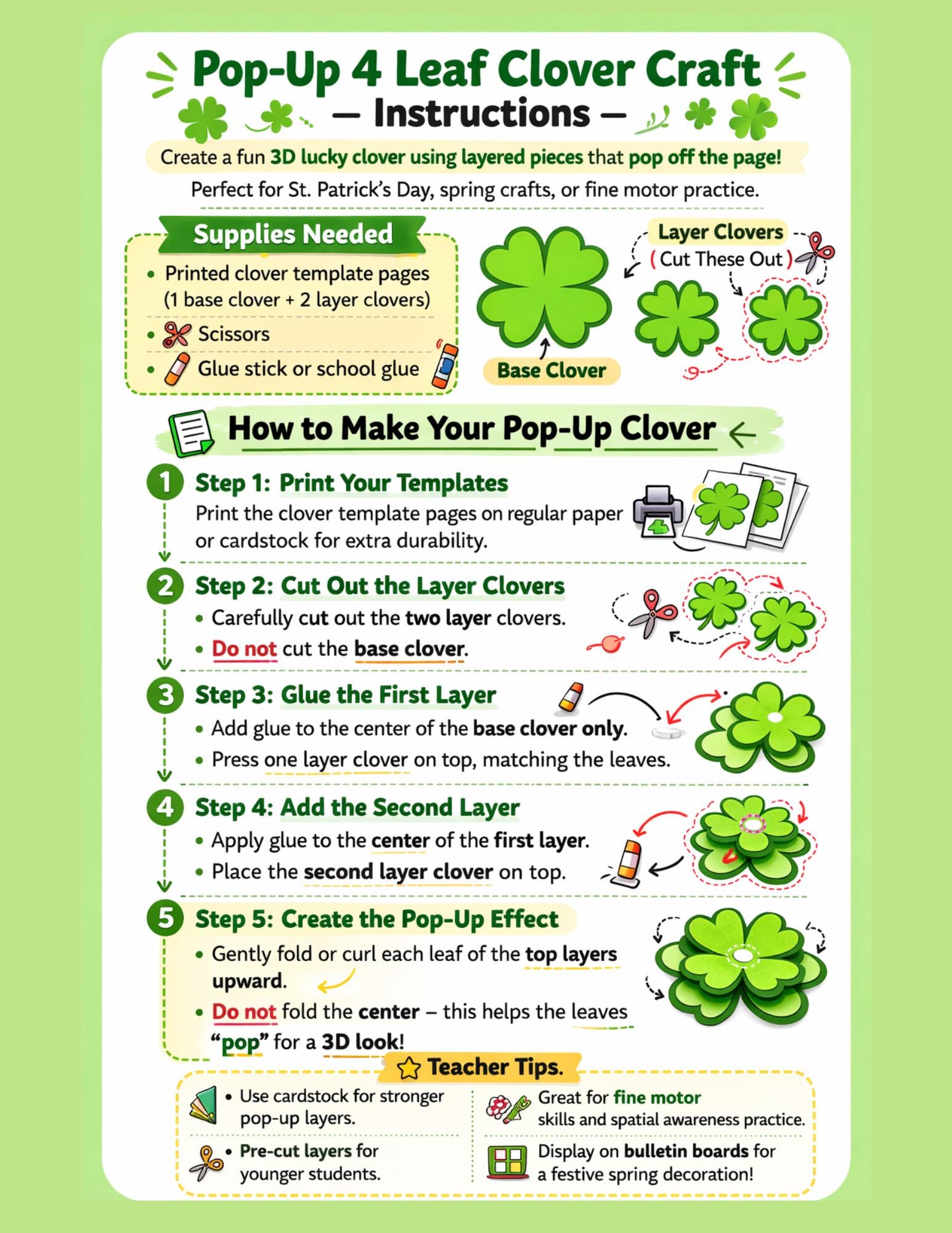3D Four Leaf Clover Craft Printable | St. Patrick's Day Pop up Activity ...