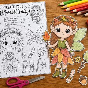 Könnte beinhalten: Ein Bastelset mit dem Titel Create Your Fall Forest Fairy, bestehend aus einem schwarz-weißen Umrissblatt mit Feenteilen, einer fertig ausgemalten Feenfigur, Buntstiften, einem Klebestift und einer rosafarbenen Schere zum Ausschneiden.