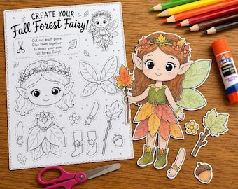 May include: A paper craft kit titled Create Your Fall Forest Fairy featuring a black and white outline sheet with fairy parts, a fully colored fairy cutout, colored pencils, a glue stick, and pink scissors for cutting out the paper pieces.
