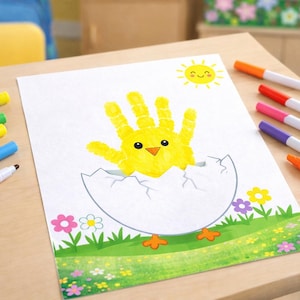 May include: A handprint chick artwork on white paper, featuring a cracked eggshell design. The chick is yellow, and the artwork includes a smiling sun and colourful flowers. Several markers in various colours are arranged around the artwork.