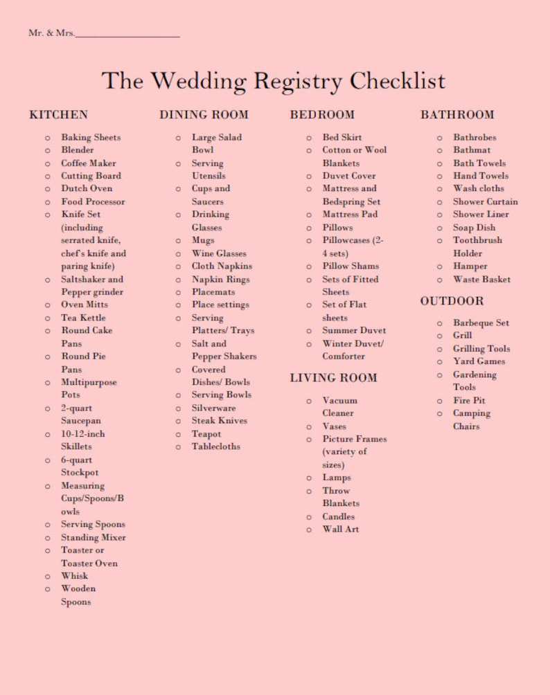 Printables Wedding Registry Checklist