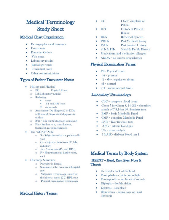 Medical Terminology Cheat Sheet: Study Sheets Instant | Etsy