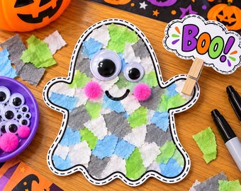 May include: A ghost-shaped craft project made of small, overlapping squares of green, blue, white, and gray tissue paper. It features two large googly eyes, two small pink pom-pom cheeks, and a black marker smile. A wooden clothespin holds a sign that says Boo!