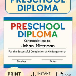 Druckbare Vorschul-Diplom-Urkunde – Abschlusspreis für Schüler – PDF für Lehrer
