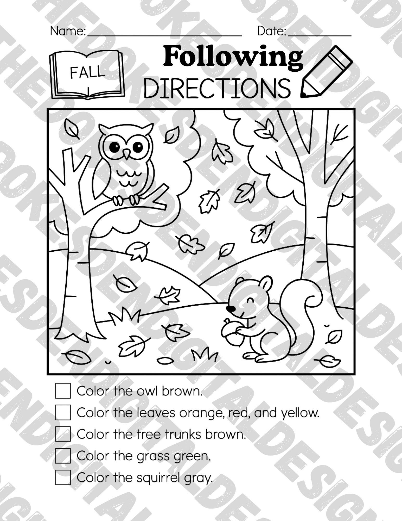 Fall Following Directions Worksheet for Kids - Etsy