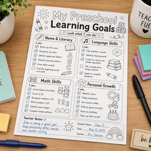 May include: A white paper worksheet titled My Preschool Learning Goals with sections for Name & Literacy, Language Skills, Math Skills, and Personal Growth. The sheet features black line art icons and checkboxes, with handwritten notes for Silas D.