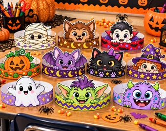 Puede incluir: Un conjunto de nueve coronas de Halloween de papel con coloridos personajes de dibujos animados que incluyen una momia, hombre lobo, vampiro, calabaza, murciélago, gato negro, bruja, fantasma y monstruo, cada una con una banda estampada.