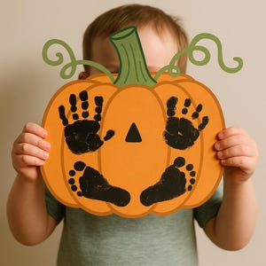 Puede incluir: Recorte con forma de calabaza naranja con un tallo verde y detalles de vid. La calabaza presenta huellas de manos y pies negras, formando una cara. Un niño sostiene el recorte frente a él.