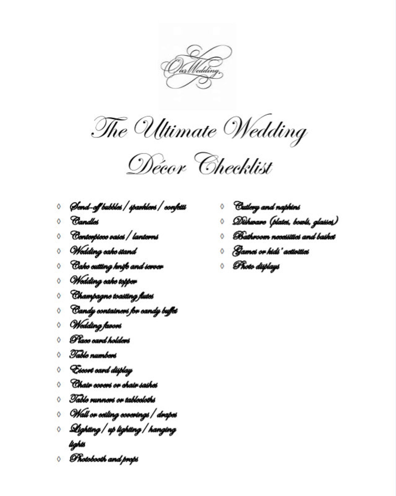 Wedding Decor Checklist Printable Template Instant Download - Etsy