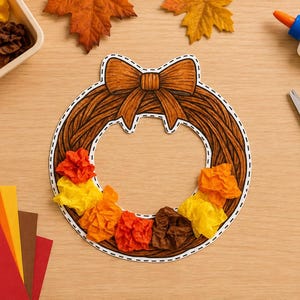 Puede incluir: Un proyecto de manualidades con una corona de papel que presenta un diseño de ramas marrones ilustradas con un lazo en la parte superior. La corona está decorada con trozos arrugados de papel de seda naranja, amarillo, rojo y marrón. Incluye pegamento, tijeras y papel.