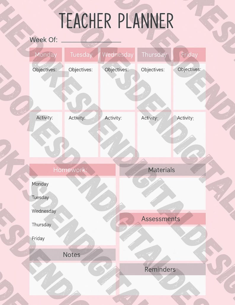 Pink Teacher Weekly Planner Printable: Classroom Planning Sheet (PDF ...