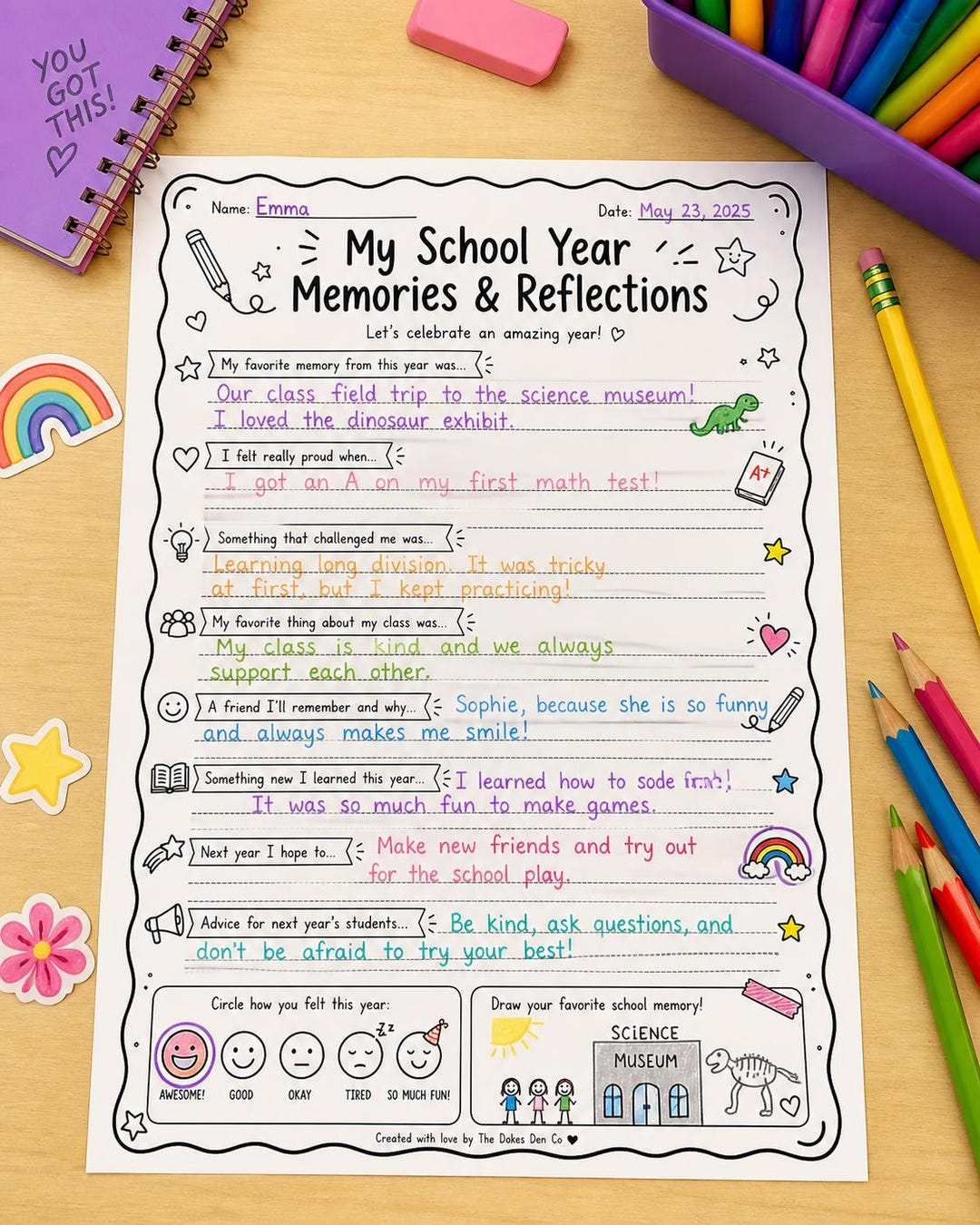 End of Year Reflection Worksheet | School Year Memories Page (PDF) - Etsy