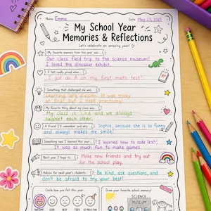 Puede incluir: Una hoja de recuerdos escolares titulada "My School Year Memories & Reflections". La hoja incluye indicaciones para recuerdos, desafíos y consejos. Lápices de colores, pegatinas y un cuaderno están esparcidos alrededor de la hoja.