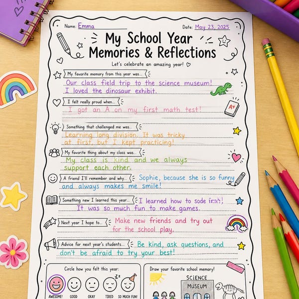 End of Year Reflection Worksheet | School Year Memories Page (PDF)