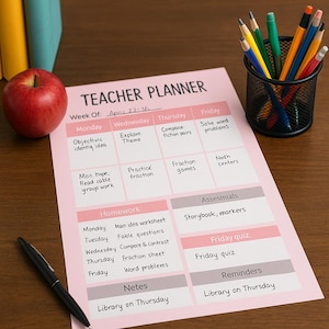 Weekly Teacher Planner Printable | Classroom Planning Sheet | Pink Teacher Weekly Planner | Instant Download for Classroom Use