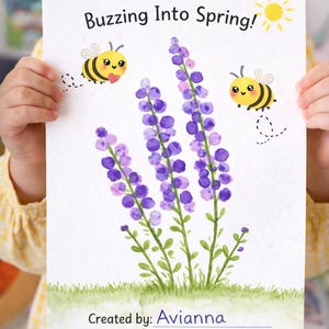 May include: A watercolor painting titled "Buzzing Into Spring!" features purple flowers, two cartoon bees, and a yellow sun. The artwork is signed "Created by: Avianna."