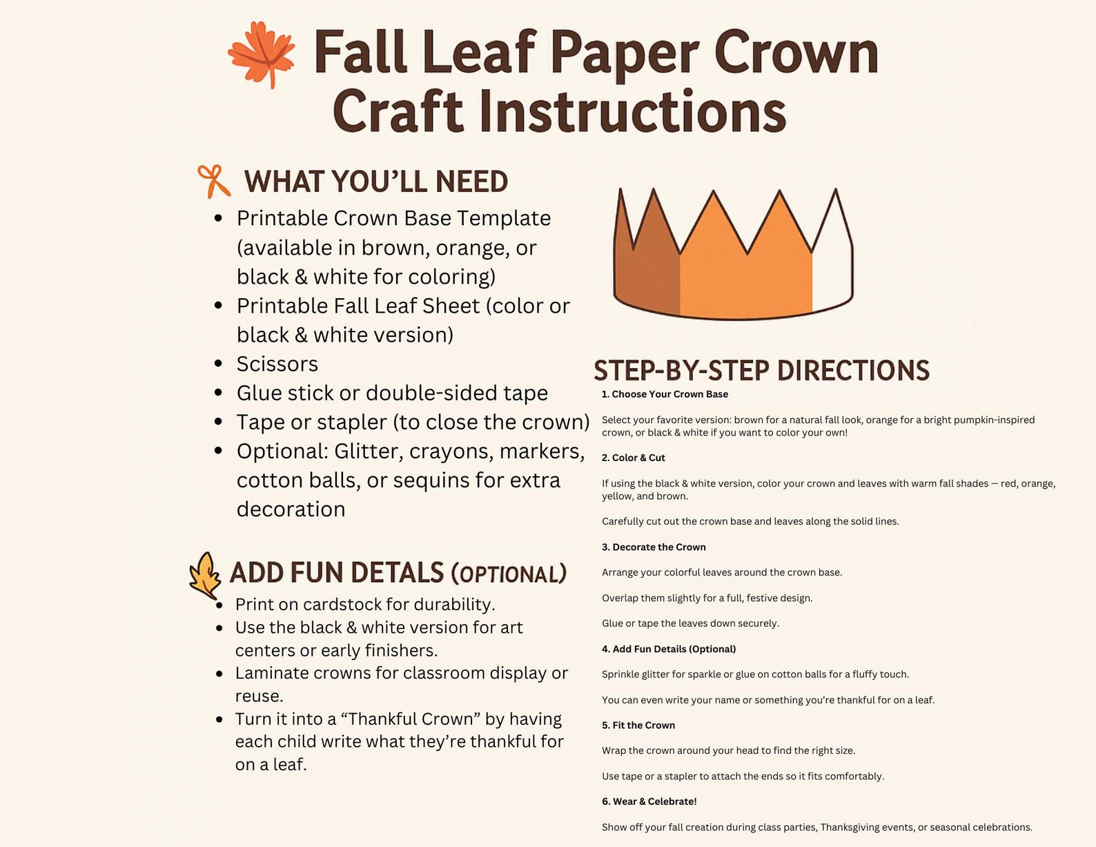 Fall Leaf Paper Crown Craft for Kids | Printable Autumn Headband ...