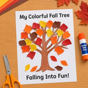 Peut inclure: Une feuille de papier blanche intitulée My Colorful Fall Tree avec un tronc d'arbre et des branches illustrés en marron, décorés de petits morceaux déchirés de papier construction jaune, orange, rouge et marron, avec le texte Falling Into Fun!