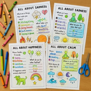 Può includere: Quattro fogli di lavoro illustrati con i titoli "All About Sadness", "All About Happiness" e "All About Calm", circondati da pastelli colorati e forbici blu. I fogli di lavoro presentano testo e disegni scritti a mano.