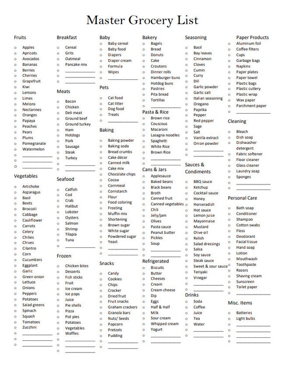 Grocery List Food Shopping List Printable Digital Master Grocery List 