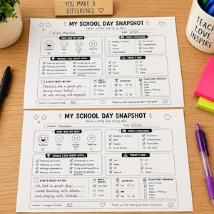 May include: Two white sheets of paper titled My School Day Snapshot with black printed text and checkboxes. The forms include sections for student name, date, daily mood, activities practiced, meals, bathroom habits, and notes for parents or caregivers.