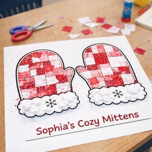 Puede incluir: Dibujo de dos mitones con un patrón de cuadros rojos y blancos, ribete blanco y esponjoso y copos de nieve. El texto "Sophia's Cozy Mittens" está debajo. Tijeras y pegamento sobre la mesa de madera.