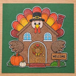 May include: A paper craft project featuring a turkey-shaped house coloured with crayons. The brown house has a turkey head wearing a black hat, colourful tail feathers, two windows, a door with a wreath, a pumpkin, and a sign that says WELCOME.