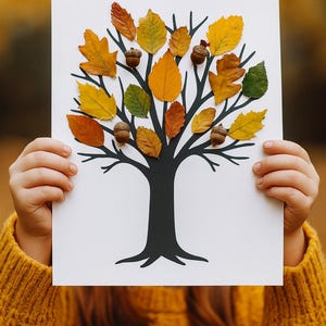 Puede incluir: Un papel blanco con una silueta de árbol negro, adornado con hojas de otoño reales en tonos amarillos, naranjas y verdes, y pequeñas bellotas. La obra de arte está sostenida por una persona que lleva un jersey amarillo.