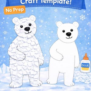 Può includere: Modello artigianale di orso polare realizzato con ritagli di carta bianca, accanto a un disegno a tratto di un orso polare. L'immagine include il testo "Polar Bear Scrap Paper Craft Template!" e "No Prep". Viene mostrata anche una bottiglia di colla.