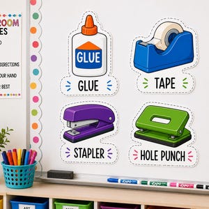 May include: Four classroom supply wall decals featuring a white glue bottle, a blue tape dispenser, a purple stapler, and a green hole punch. Each decal includes the corresponding text label: GLUE, TAPE, STAPLER, and HOLE PUNCH in black font.