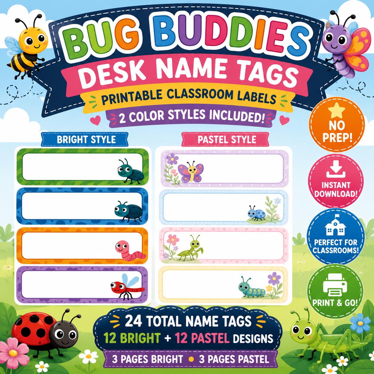 Bug Theme Desk Name Tags Printable | Bright & Pastel Insect Classroom ...