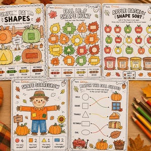 Puede incluir: Cinco hojas de actividades educativas con ilustraciones otoñales de calabazas, hojas, manzanas y un espantapájaros. Cada página incluye tareas como clasificar formas, emparejar y contar, con textos impresos como Pumpkin Patch Shapes y Fall Leaf Shape Hunt.