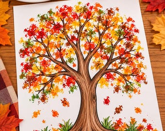 May include: A white paper sheet featuring a hand-painted illustration of a tree with a brown trunk and branches. The foliage consists of textured dabs of red, orange, yellow, and green paint, with matching colorful leaves scattered on the ground.