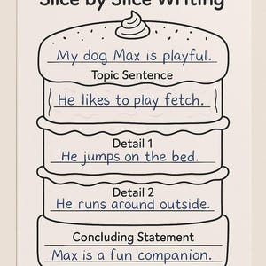 May include: A printable worksheet titled "Slice by Slice Writing" with a cake-shaped graphic. The worksheet includes sections for a topic sentence, details, and a concluding statement. Text includes "My dog Max is playful" and "He likes to play fetch."