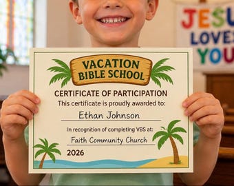VBS Award Certificate | Instant Download for Church Programs | Vacation Bible School Certificate of Participation