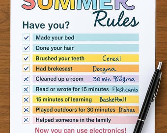 Summer Rules Checklist Printable: Fun Kids Screen Time Tracker (Digital Download)